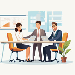 Business professionals collaborating around a table with laptops, discussing strategies and growth charts in a modern office setting