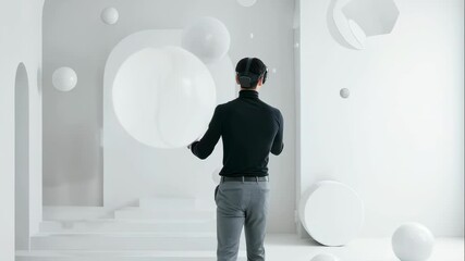 Man trying virtual reality headset in clean surreal digital space. Metaverse interaction and future technology immersion footage. - Powered by Adobe
