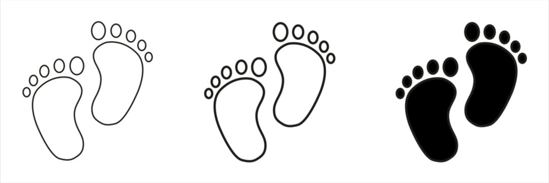 Set of baby footprints icons in three styles: outline, bold outline, and solid black fill. Minimalist vector template isolated on white background. Infant footprint silhouette. Childhood and baby show