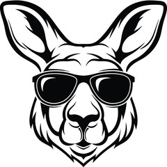 Stylish kangaroo head looks cool wearing dark sunglasses in black and white