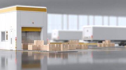 Industrial warehouse with automated packaging machine and stacked cardboard boxes on a reflective floor