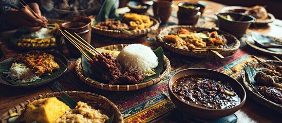 Diverse Indonesian feast spread on woven plates