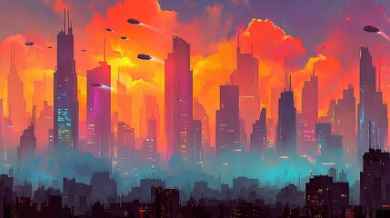 Futuristic Cityscape At Sunset