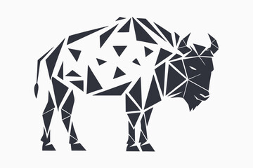 Stylized bison is decorated with geometric patterns in bold black lines on white