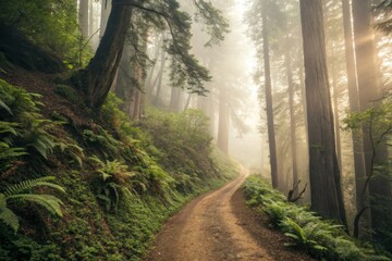 dirt road in the forest with sun beam