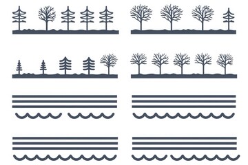 Simple vector forest trees with horizontal lines and waves on white background, minimalist design, nature scene, suitable for environmental projects, backgrounds, eco-friendly themes