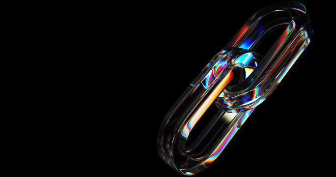 Blockchain technology 3d banner. Hyperlink of glass holographic transparent chain links on black background. Cryptocurrency mining, digital data, bitcoin transaction, info security. 3D illustration