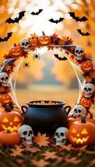 A frame consisting of a garland of Halloween elements: pumpkins, a black cauldron, skulls, cobwebs and spiders, bats, and cheerful ghosts