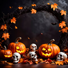 A frame consisting of a garland of Halloween elements: pumpkins, a black cauldron, skulls, cobwebs and spiders, bats, and cheerful ghosts