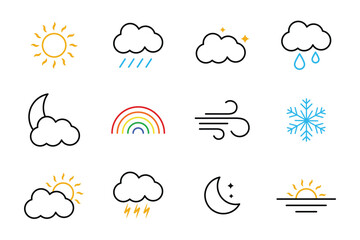 Collection of weather vector icons. Weather icon isolated on white background. Contains sun, cloud, rain, summer, spring, cloudy season and thunder weather. Clouds logo and sign collection.  