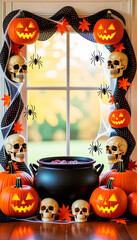 A frame consisting of a garland of Halloween elements: pumpkins, a black cauldron, skulls, cobwebs and spiders, bats, and cheerful ghosts