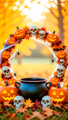 A frame consisting of a garland of Halloween elements: pumpkins, a black cauldron, skulls, cobwebs and spiders, bats, and cheerful ghosts