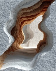 Journey into a surreal, layered rock formation with warm light illuminating intricate textures and abstract geological curves
