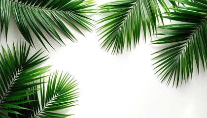 Fototapeta premium Fresh palm fronds frame a white background