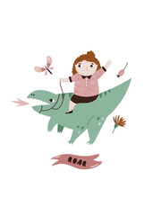 Cute Girl Riding Dinosaur. Adventure Theme Vector Illustration for Kids Print, Frame Art, Nursery Decoration