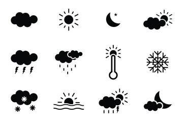 Weather Web Icons. Sunny, Cloudy, Rainy, Snowy, Temperature. Vector in Line Style Icons . Contains sun, cloud, rain, summer, spring, cloudy season and thunder weather. Climate symbol. Vector . 