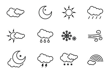Weather Web Icons. Sunny, Cloudy, Rainy, Snowy, Temperature. Vector in Line Style Icons . Contains sun, cloud, rain, summer, spring, cloudy season and thunder weather. Climate symbol. Vector . 