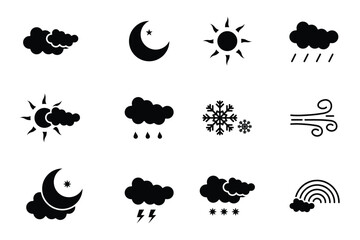 Weather Web Icons. Sunny, Cloudy, Rainy, Snowy, Temperature.  Clouds, wind, rain, sun, weather forecast, silhouette vector illustration. use for web, UI, and mobile apps. 