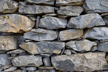 Fototapeta premium Photo of Old grey and brown long stone wall. Background texture for backdrops or mapping