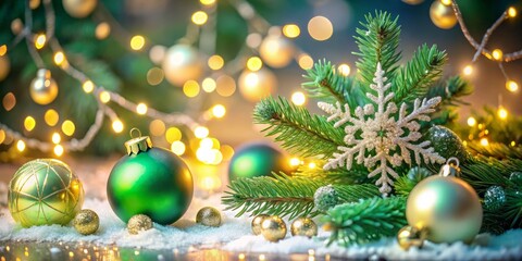 Christmas ornaments and lights on a snowy surface with a christmas tree branch and a snowflake decor