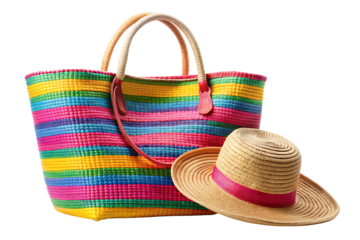  straw colorful beach bag and hat isolated on white background PNG,AI GENERATED
