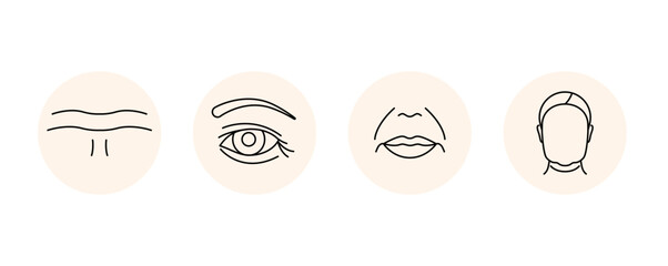 Wrinkles icons, editable stroke. Mimic wrinkles on forehead, under eyes, around mouth, loss of facial contour. Facial aging process