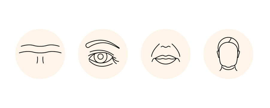 Wrinkles icons, editable stroke. Mimic wrinkles on forehead, under eyes, around mouth, loss of facial contour. Facial aging process