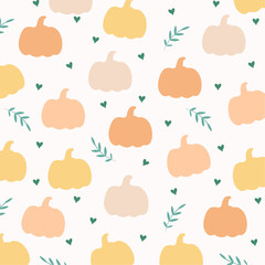 Fototapeta premium Autumn pastel seamless pattern with pumpkins, hearts and leaves. Vector illustration