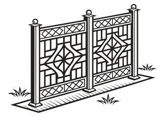Illustration of a decorative metal fence with geometric patterns and grass around the base area created with generated ai