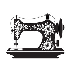 silhouette of vintage sewing machine with flowers decor, vector element