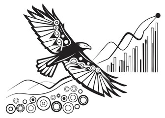 Stylized eagle soaring above mountains with rising bar graph and circular shapes design image created with generated ai