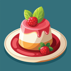 Panna Cotta dessert with raspberries and mint leaves on a plate