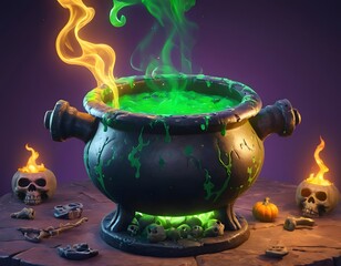 Close-up of a witches cauldron with bubbling green potion, smoke, herbs, bones and glowing embers