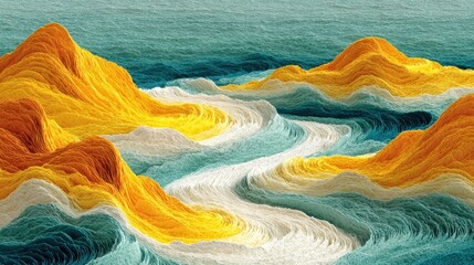 Vibrant abstract landscape evokes ocean waves crashing against golden shores with dynamic textures and bright, energetic colors