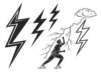 Illustration of a man pushing against a cracked wall with lightning bolts and a cloud overhead created with generated ai