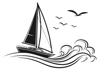 Illustration of a sailboat on wavy water with birds flying above in a monochrome black and white design created with generated ai