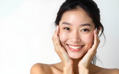 Portrait Two beautiful young asian woman clean fresh bare skin concept.  Asian girl beauty face skin care and health wellness, Facial treatment, Perfect skin, Natural make up, on white background