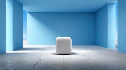 Minimalist studio space with soft blue walls and concrete floor featuring a central white cube for product display or creative concepts