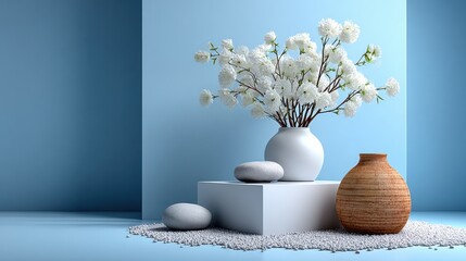 Elegant white blossoms in a modern vase atop a minimalist display, accented by textured pottery and smooth stones, creating a serene and sophisticated aesthetic.