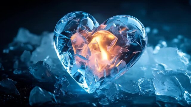 Frozen affection: an ice heart with an inner glow, symbol of cold emotion