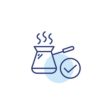 Coffee cesve and checkmark. Coffee shop, barista menu. Pixel perfect, editable stroke vector icon