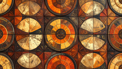 Ornate, geometric wooden tiles with circular designs in warm colors.