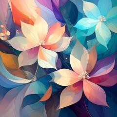 Abstract floral illustration with vibrant colors and soft, flowing lines. A close-up view of stylized flowers and leaves in pastel shades of pink, orange, blue, and purple