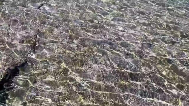 Abstract view through water of rocky seabed with shells in sunny weather. Ripples on water, sun glare, reflection sun ripples on surface sand. Transparent water. Nature natural background