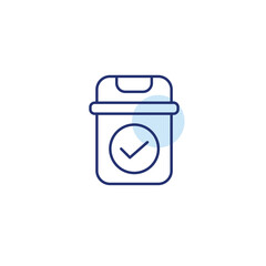 Trash can and checkmark. Cleanup verified, approved garbage disposal and safe waste management. Pixel perfect, editable stroke vector icon