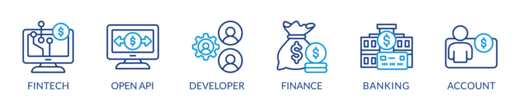 open banking vector illustration banner with icons, symbols and keywords