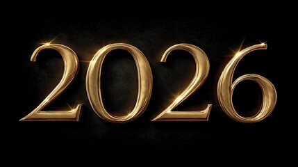 Golden "2026" numbers on black background with smooth shiny surface and soft high resolution rendering, minimalist elegant design conveying celebration, success, and futuristic concept
