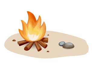 A watercolor forest campfire. Flames painted in soft tones. Great element for camping and forest themes.