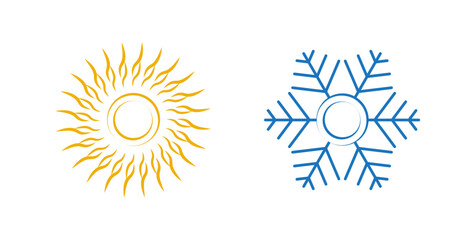 Abstract editable sun, snowflake icon, hot, cold weather icon vector illustration. Blue and yellow line art icon design. Round hot weather, cold weather symbol illustration.