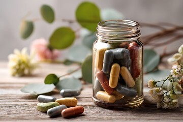 Colorful Capsules in Glass Jar with Floral Accents on Wooden Surface, Promoting Natural Wellness